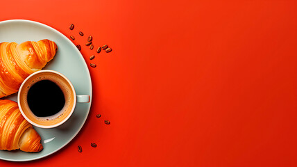 Breakfast with coffee with milk and butter croissant. Space for text. - obrazy, fototapety, plakaty