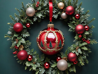Christmas Wreath With Red And Gold Ornaments