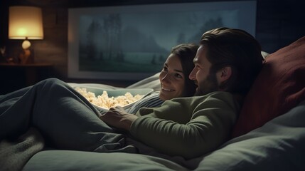 Naklejka premium couple watching tv cuddling blanket