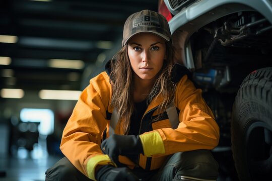 Portrait Shot of a Female Mechanic Working Under Vehicle in a Car Service.