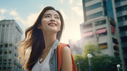 Portrait of smiling woman looking up on great modern buildings megapolis. Attractive asian female exploring city on summer weekend.
