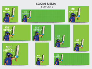 Social Media Template And Banner Design Set With India Cricket Batter Player And 100 Not Out Text On Green Grid Background.
