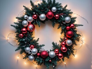 Fototapeta na wymiar A Wreath With Christmas Ornaments And Lights