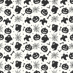 Black and white seamless halloween pattern background with ghosts skulls bats pumpkins and spiderwebs