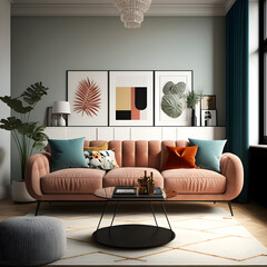 Interior home design of a beautiful living room on a house or apartment with a sofa couch and furnitures decoration 3d rendered. Created with AI generative image