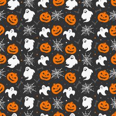 Happy halloween pattern with ghosts bones bats pumpkins and spiderwebs isolated on dark background