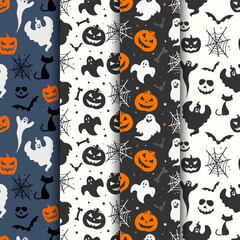 Halloween seamless patterns background collection illustration with ghosts cats bats pumpkins and spiderwebs
