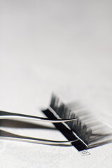 Close-up image of metal tweezers with eyelashes for extension on light phonephone. Makeup artist tools and accessories.