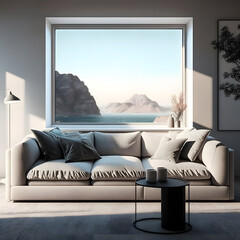 Interior home design of a beautiful living room on a house or apartment with a sofa couch and furnitures decoration 3d rendered. Created with AI generative image