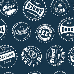 Beer cap vector monochrome seamless pattern with metal cork for decor of bar, pub or brewery shop. Vintage old retro background for brew or craft beer