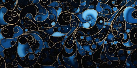 Abstract blue and black watercolor design of tranquil blue pinwheels, squiggly lines, and spirals. Backdrop has a cute watercolor swirl pattern. Wallpaper for a boy's room, baby shower, or birthday.