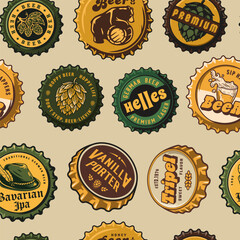 Beer cap vector seamless pattern with metal cork for decor of bar, pub or brewery shop. Vintage old retro background for brew or craft beer