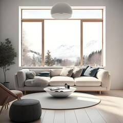 Interior home design of a beautiful living room on a house or apartment with a sofa couch and furnitures decoration 3d rendered. Created with AI generative image