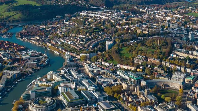 Aerial of Bristol Harbourside and city center, Bristol, England