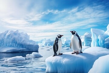Penguins on iceberg. Antarctica background - obrazy, fototapety, plakaty