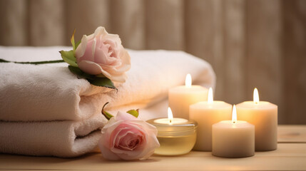 Plush towels, glowing candles, and delicate peonies. An atmosphere of calm and relaxation in a luxurious spa.