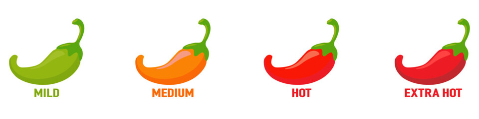Spicy hot chili pepper icons set with flame and rating of spicy. No pepper mild medium hot and extra hot level of pepper for sauce or snack food menu. Vector Illustration. Vector Graphic.