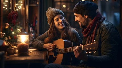 Obraz premium couple playing guitar in a snowy night