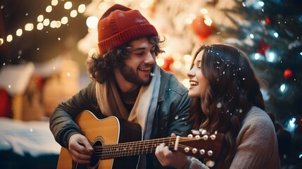 couple playing guitar in a snowy night - obrazy, fototapety, plakaty