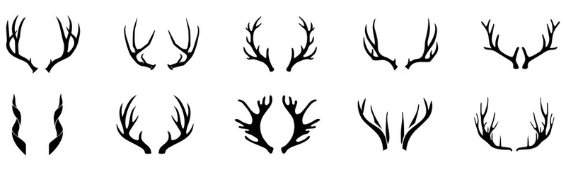 Deer horns icon set. Animal horn silhouette. Deer horn logo for wildlife, hunting. Horn shapes collection. Vector Illustration. Vector Graphic. - obrazy, fototapety, plakaty