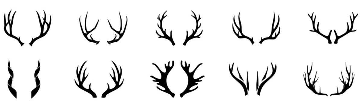 Deer horns icon set. Animal horn silhouette. Deer horn logo for wildlife, hunting. Horn shapes collection. Vector Illustration. Vector Graphic.