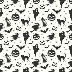 Halloween flat seamless pattern background with halloween elements like ghosts cats pumpkins and witch