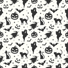 Obraz premium Halloween flat seamless pattern background with halloween elements like ghosts cats pumpkins and witch