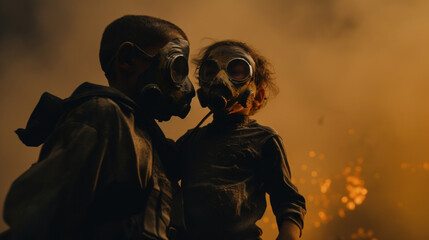 Person in gas mask rescues child amid smoke
