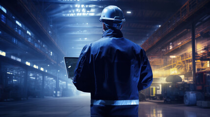 A man stands with his back against the backdrop of an industrial room