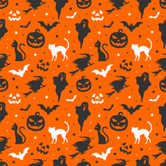 Seamless halloween pattern background illustration with ghost pumpkins and with on orange background