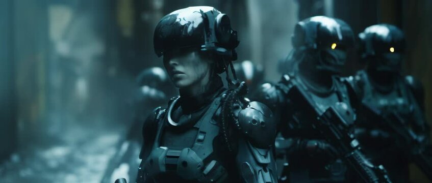 Portrait of sci-fi female soldier in futuristic amour standing in apocalyptic scene of destroyed after war city with debris, smoke and fire. Anamorphic 4k footage