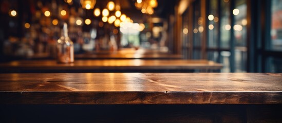 Blurry cafe background with empty wooden table