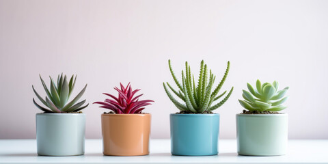 Different colors beautiful potted plants. Minimalistic white interior