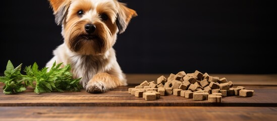 Medical marijuana for pets depicted with dog treat and cannabis leaves on a white wood board - obrazy, fototapety, plakaty