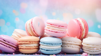 Fototapeta premium Macarons on a pastel background on watercolor style background