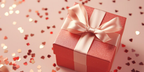 Obraz premium Pale red Gift box with a bow of golden ribbons close-up top view on pale beige background, many golden confetti