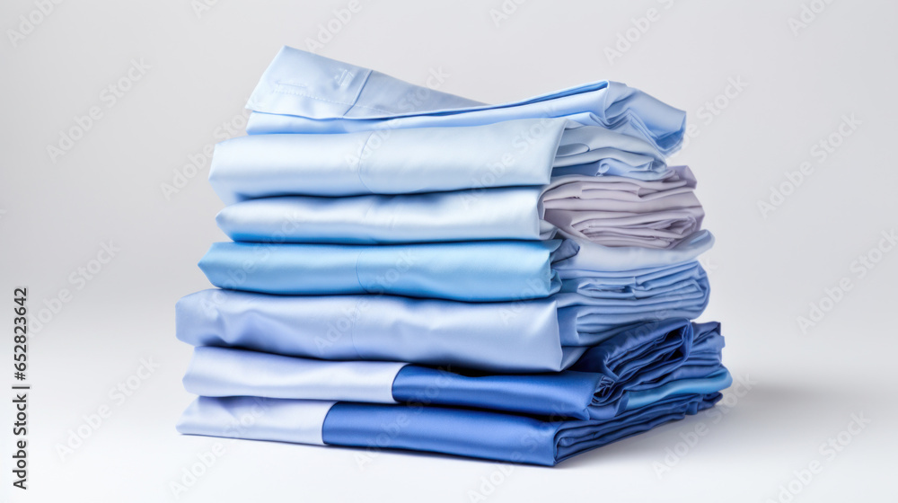 Poster folded clothes in stacks of various simple blue placed on a table on a light background