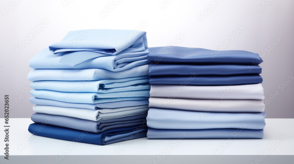Poster folded clothes in stacks of various simple blue placed on a table on a light background