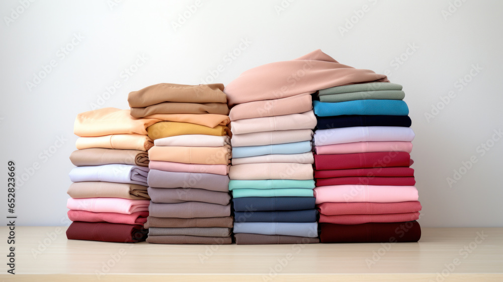 Poster folded clothes in stacks of various simple colors placed on a table on a white background