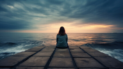 Woman sitting on a breakwater and looking at the horizon - obrazy, fototapety, plakaty
