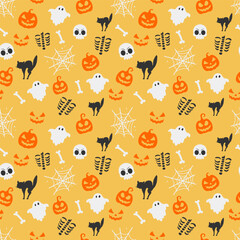 Halloween seamless pattern with ghosts skeleton pumpkins cats and spiderwebs on yellow background