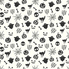 Happy halloween pattern with ghosts skeleton pumpkins cats and spiderwebs for background or wraping paper design