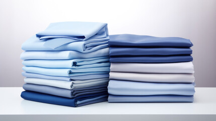 Folded clothes in stacks of various simple blue placed on a table on a light background