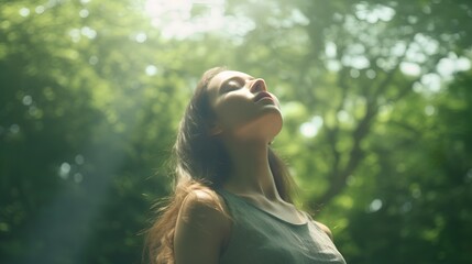 A serene image depicting the concept of outdoor breathing, featuring a person deeply inhaling fresh air amidst a lush, green forest, symbolizing tranquility, mindfulness, and connection with nature.
