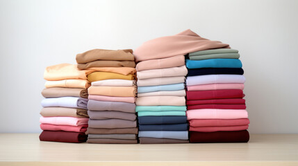 Folded clothes in stacks of various simple colors placed on a table on a white background