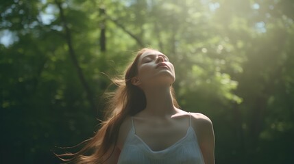 A serene image depicting the concept of outdoor breathing, featuring a person deeply inhaling fresh air amidst a lush, green forest, symbolizing tranquility, mindfulness, and connection with nature. - obrazy, fototapety, plakaty