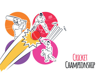 Cricket Championship Concept With Cricketer Players In Different Poses On Colorful Background.