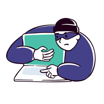 Online crime, social media fraud banner template. A swindler or thief working at the computer. Hacker stealing personal data, banking credentials and information. Cyber scammer concept illustration.