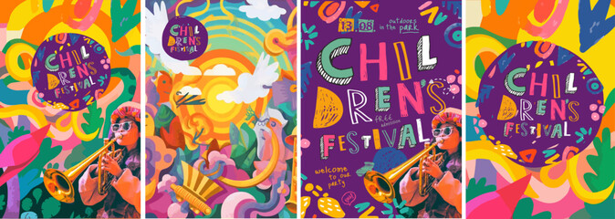 Music сhildren's  Festival. Vector illustration for a holiday, cute children's drawing, bright abstract shapes, saxophonist girl for a poster, card or background.  - obrazy, fototapety, plakaty