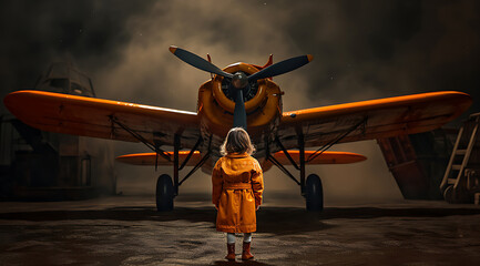 Happy and joyful looking kid dressed as an airplane pilot in the cockpit of an airliner. Adorable baby dressed in pilot uniform with proud face Generative AI. - obrazy, fototapety, plakaty